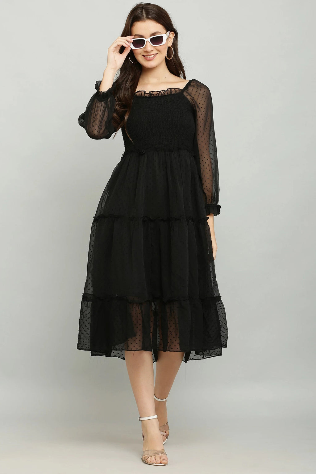 Women's Elegant Georgette Midi Dress - Chic & Comfortable (Black)