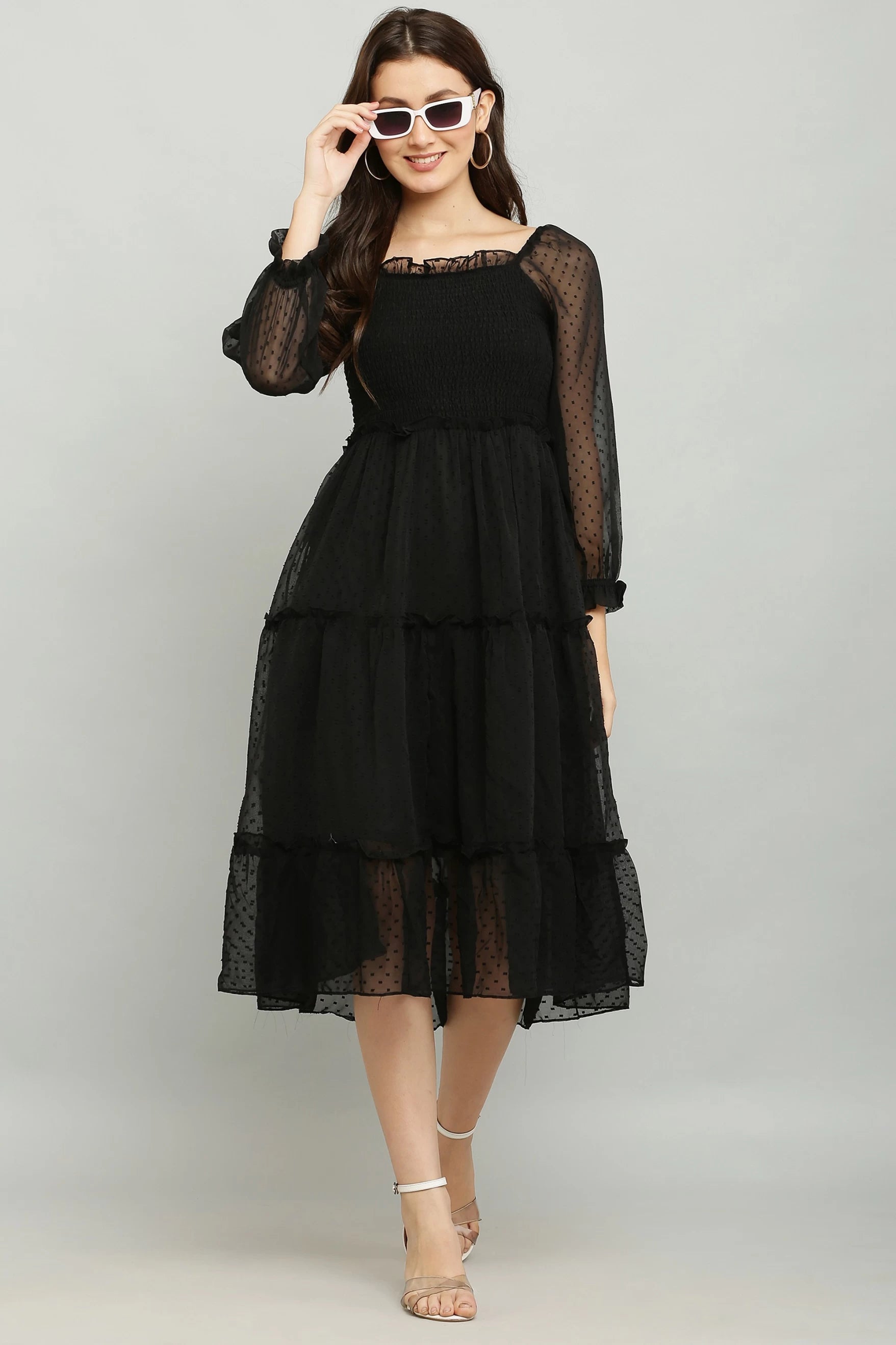 Women's Elegant Georgette Midi Dress - Chic & Comfortable (Black)
