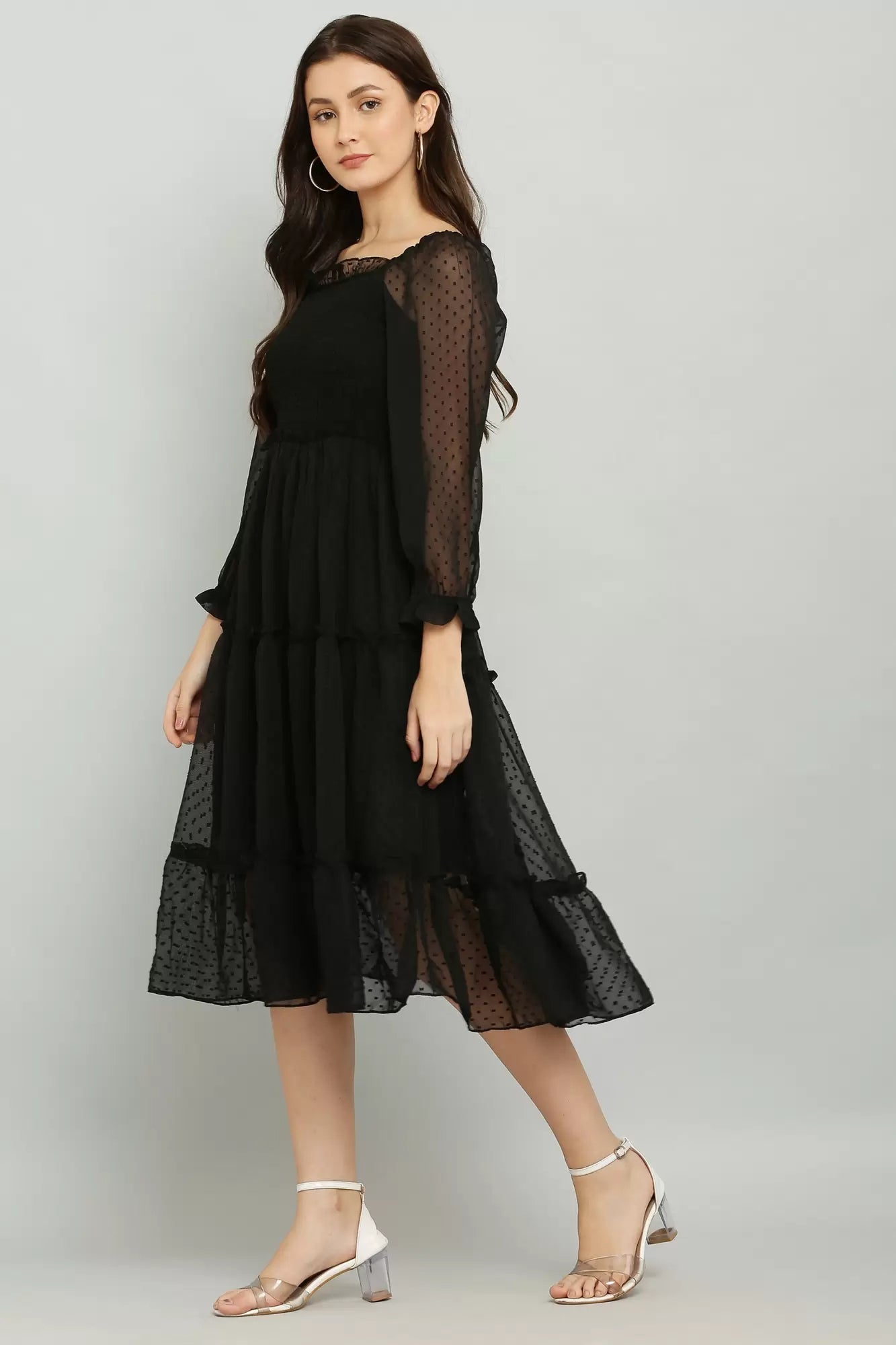 Women's Elegant Georgette Midi Dress - Chic & Comfortable (Black)