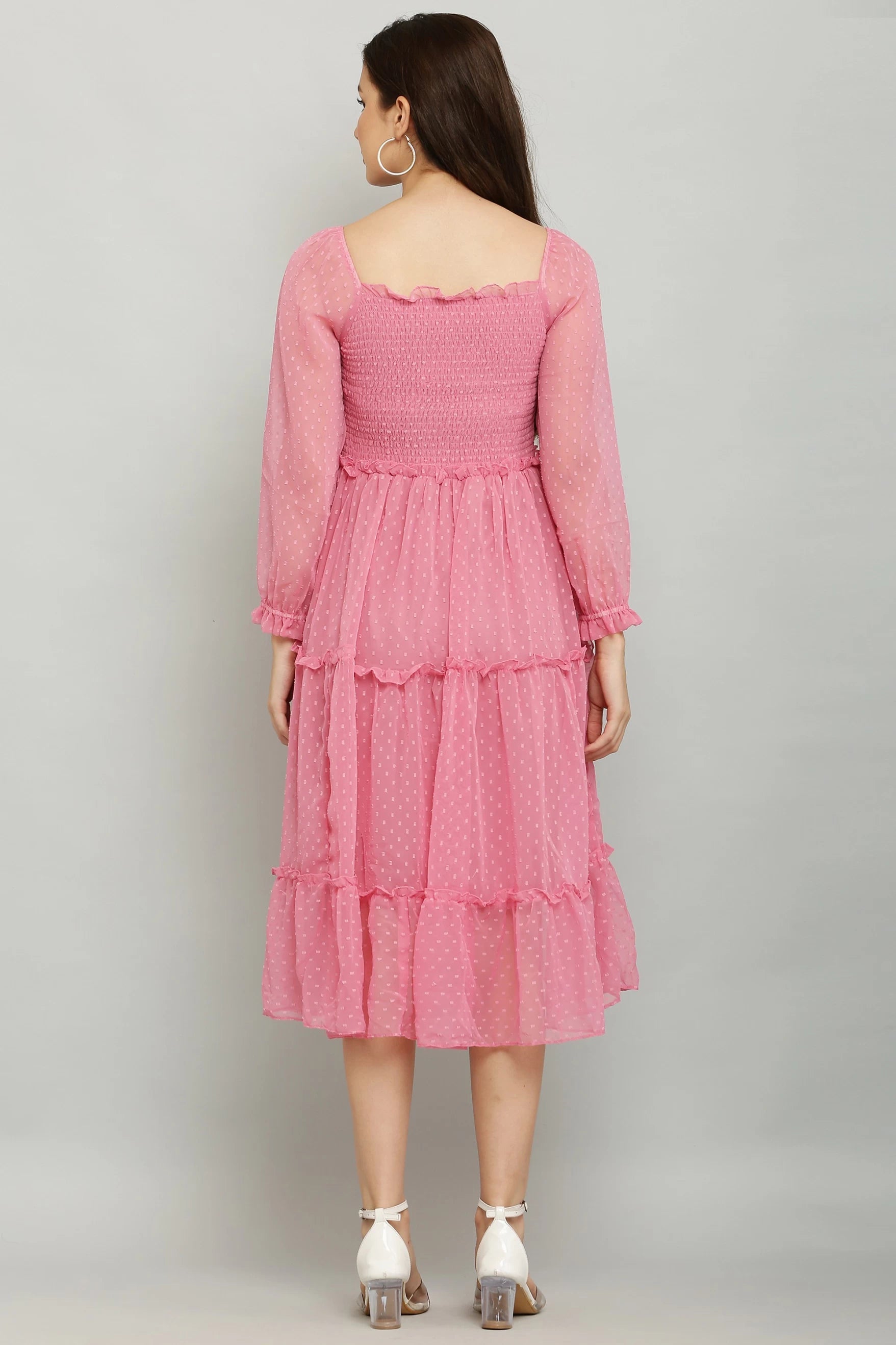 Women's Elegant Georgette Midi Dress - Chic & Comfortable (Pink)
