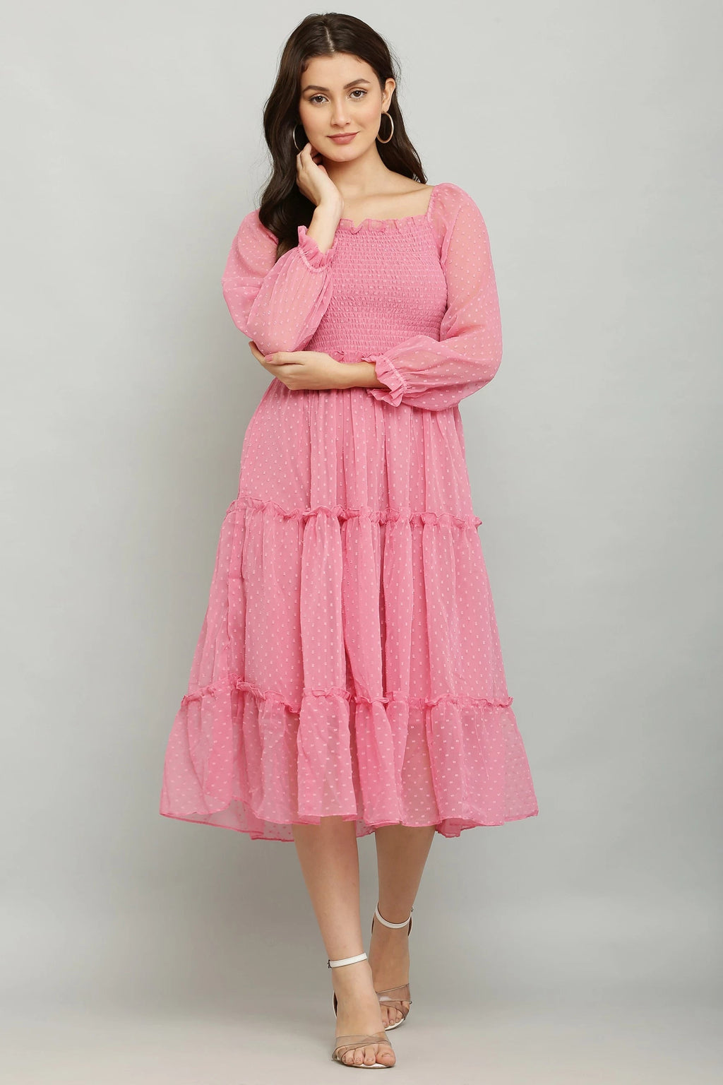 Women's Elegant Georgette Midi Dress - Chic & Comfortable (Pink)