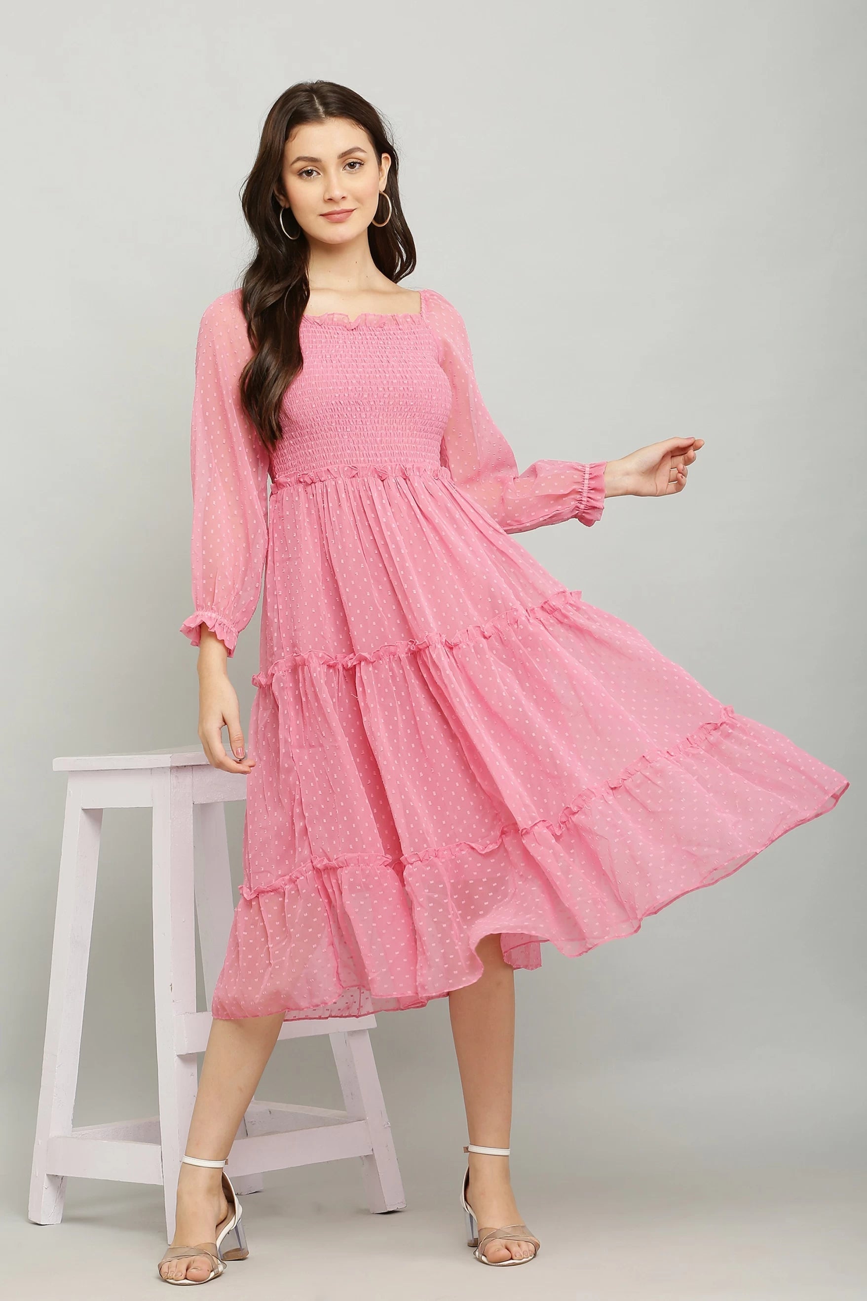 Women's Elegant Georgette Midi Dress - Chic & Comfortable (Pink)
