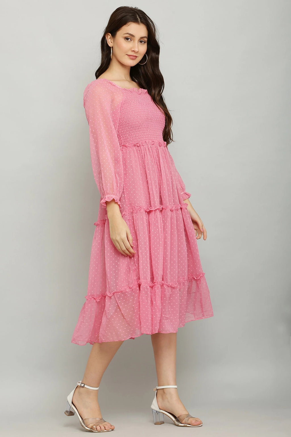 Women's Elegant Georgette Midi Dress - Chic & Comfortable (Pink)
