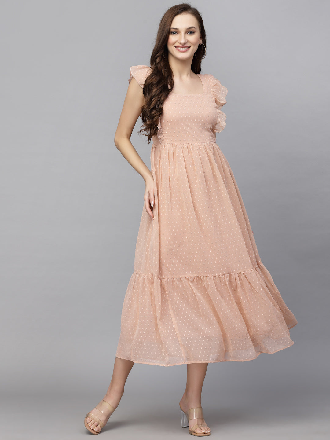 Georgette Butti Square Neck Stylish Knee Length Western Dresses for Women (Peach)