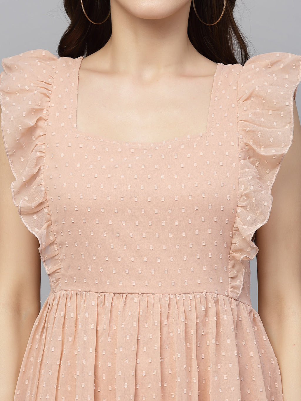 Georgette Butti Square Neck Stylish Knee Length Western Dresses for Women (Peach)