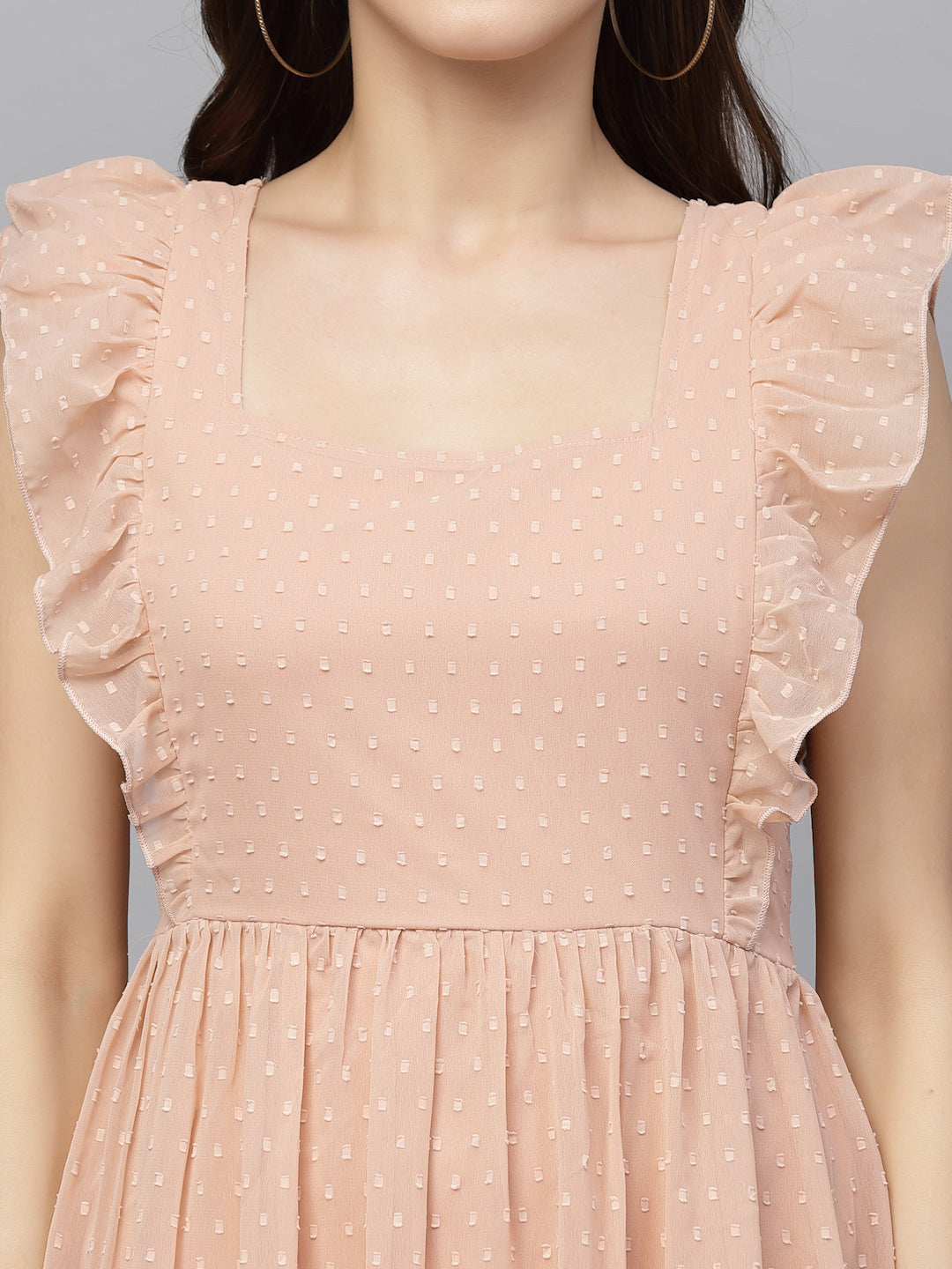 Georgette Butti Square Neck Stylish Knee Length Western Dresses for Women (Peach)
