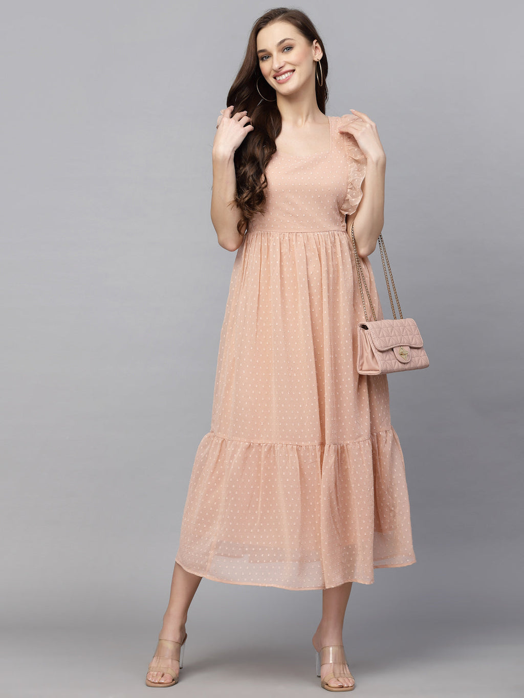 Georgette Butti Square Neck Stylish Knee Length Western Dresses for Women (Peach)