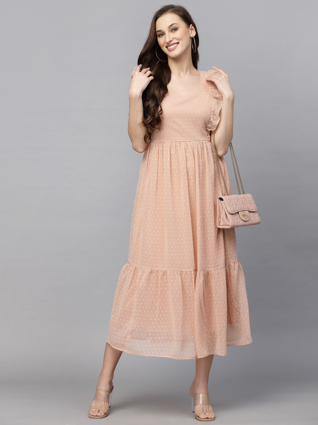 Georgette Butti Square Neck Stylish Knee Length Western Dresses for Women (Peach)