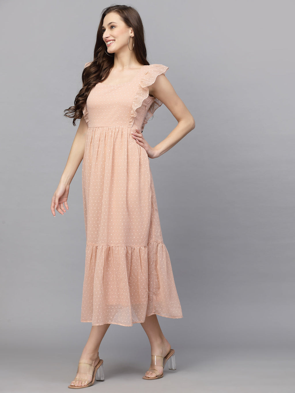 Georgette Butti Square Neck Stylish Knee Length Western Dresses for Women (Peach)