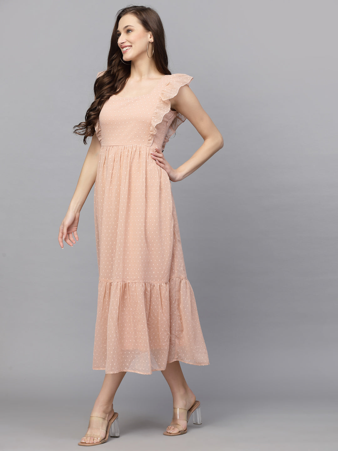 Georgette Butti Square Neck Stylish Knee Length Western Dresses for Women (Peach)