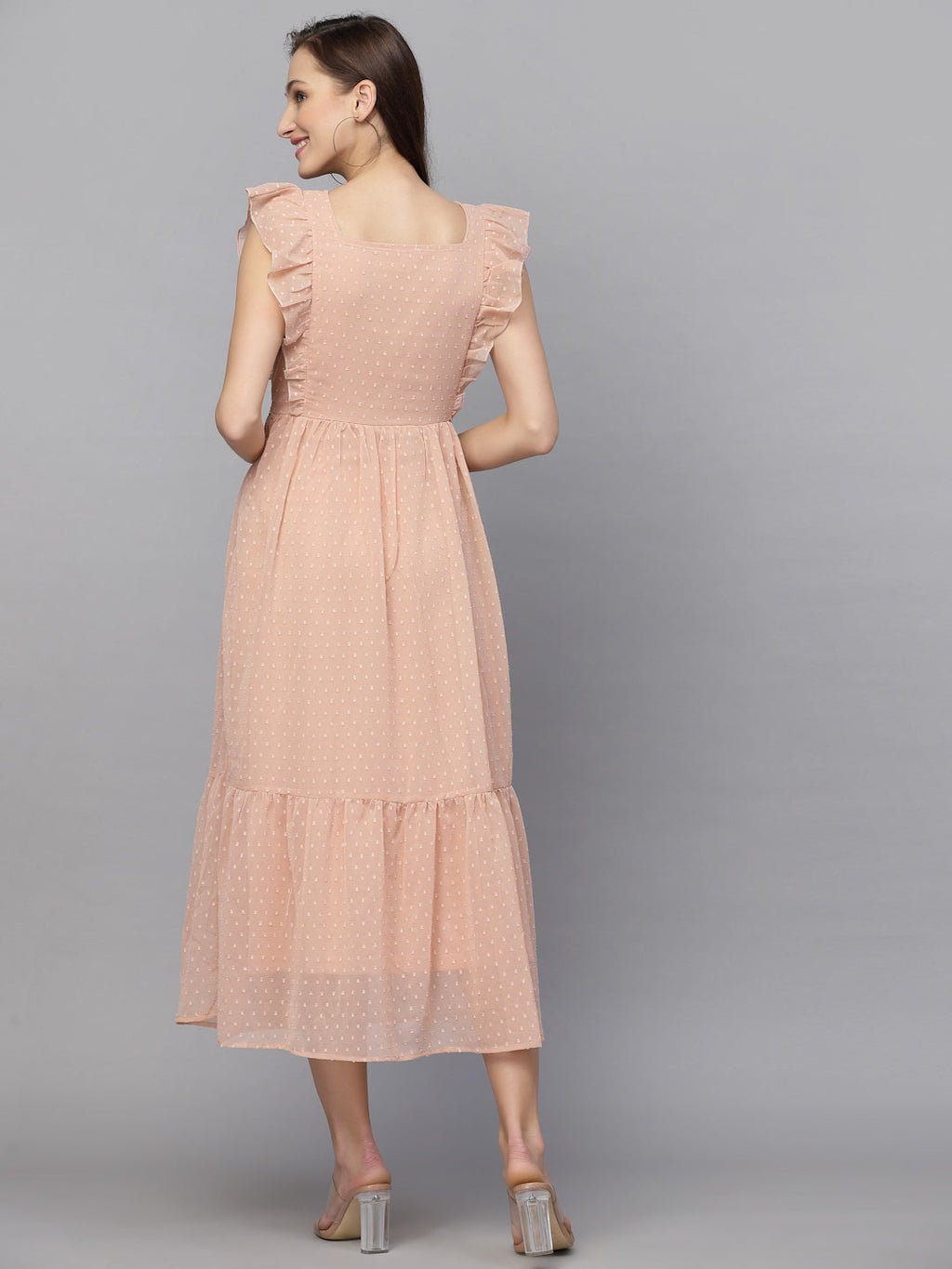 Georgette Butti Square Neck Stylish Knee Length Western Dresses for Women (Peach)