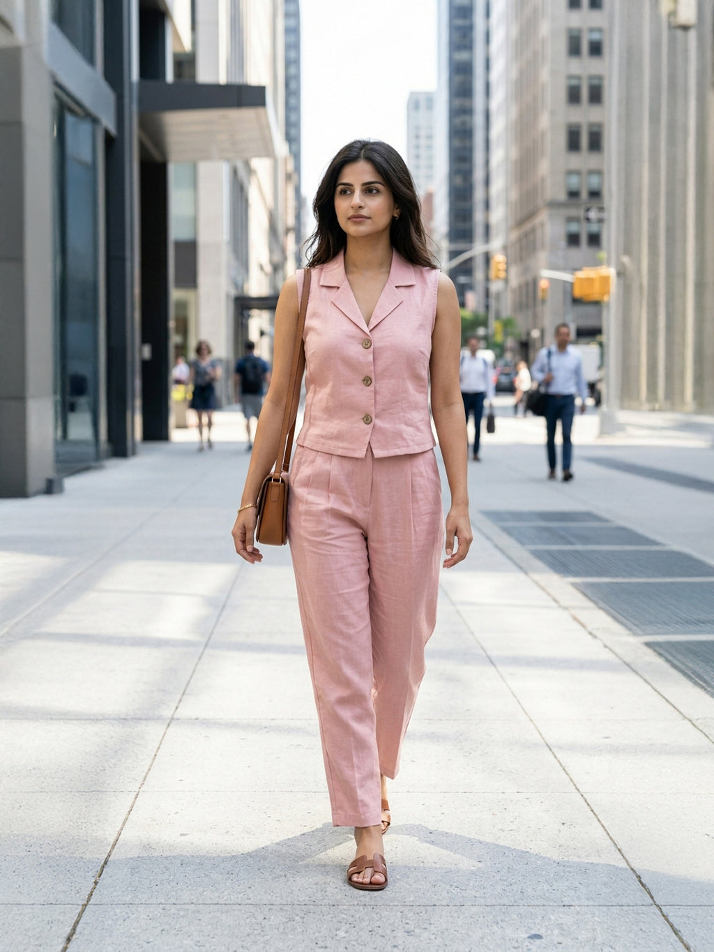 Manitra Blush Pink Linen Waistcoat Co-Ord Set | Straight Trouser | Office Wear
