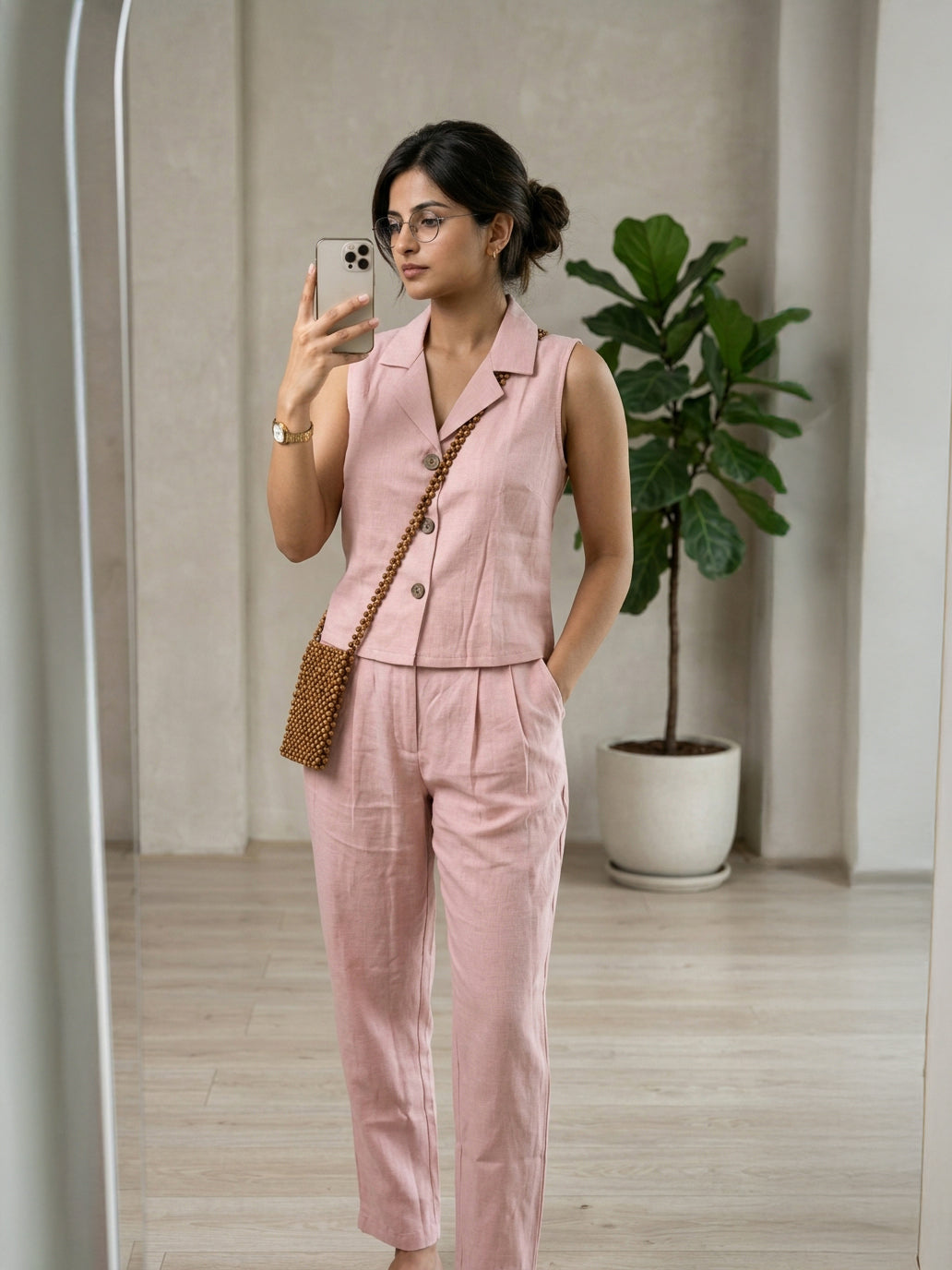 Manitra Blush Pink Linen Waistcoat Co-Ord Set | Straight Trouser | Office Wear