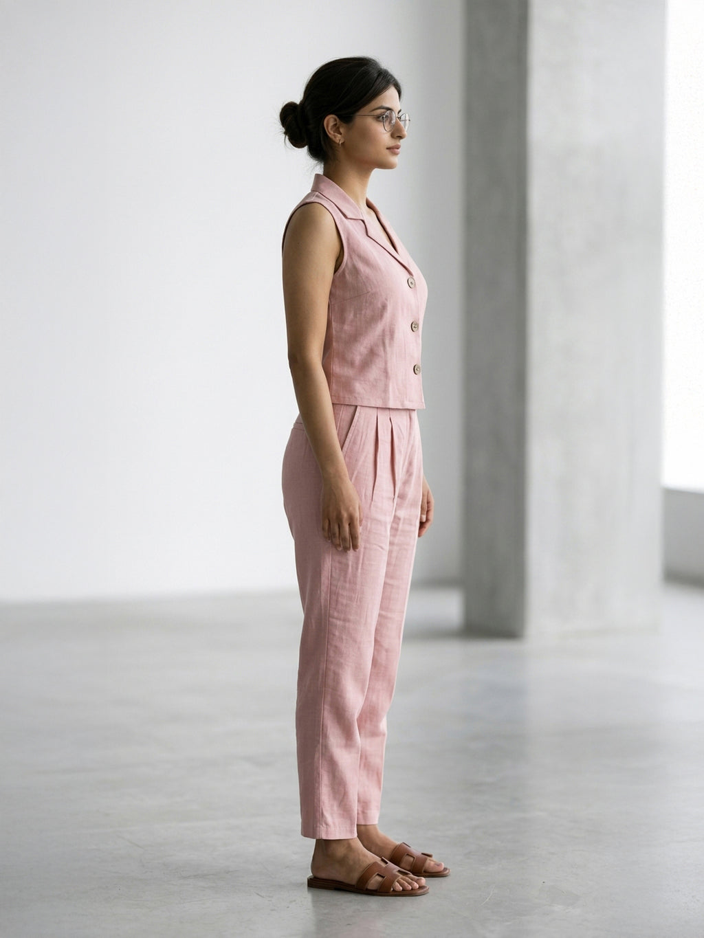 Manitra Blush Pink Linen Waistcoat Co-Ord Set | Straight Trouser | Office Wear