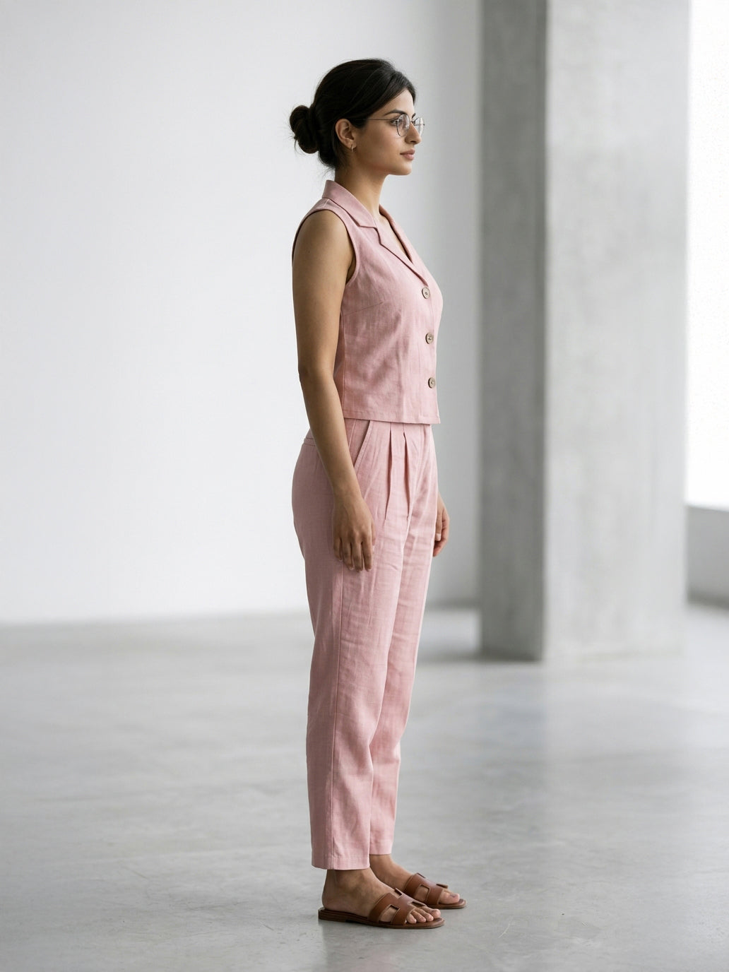 Manitra Blush Pink Linen Waistcoat Co-Ord Set | Straight Trouser | Office Wear