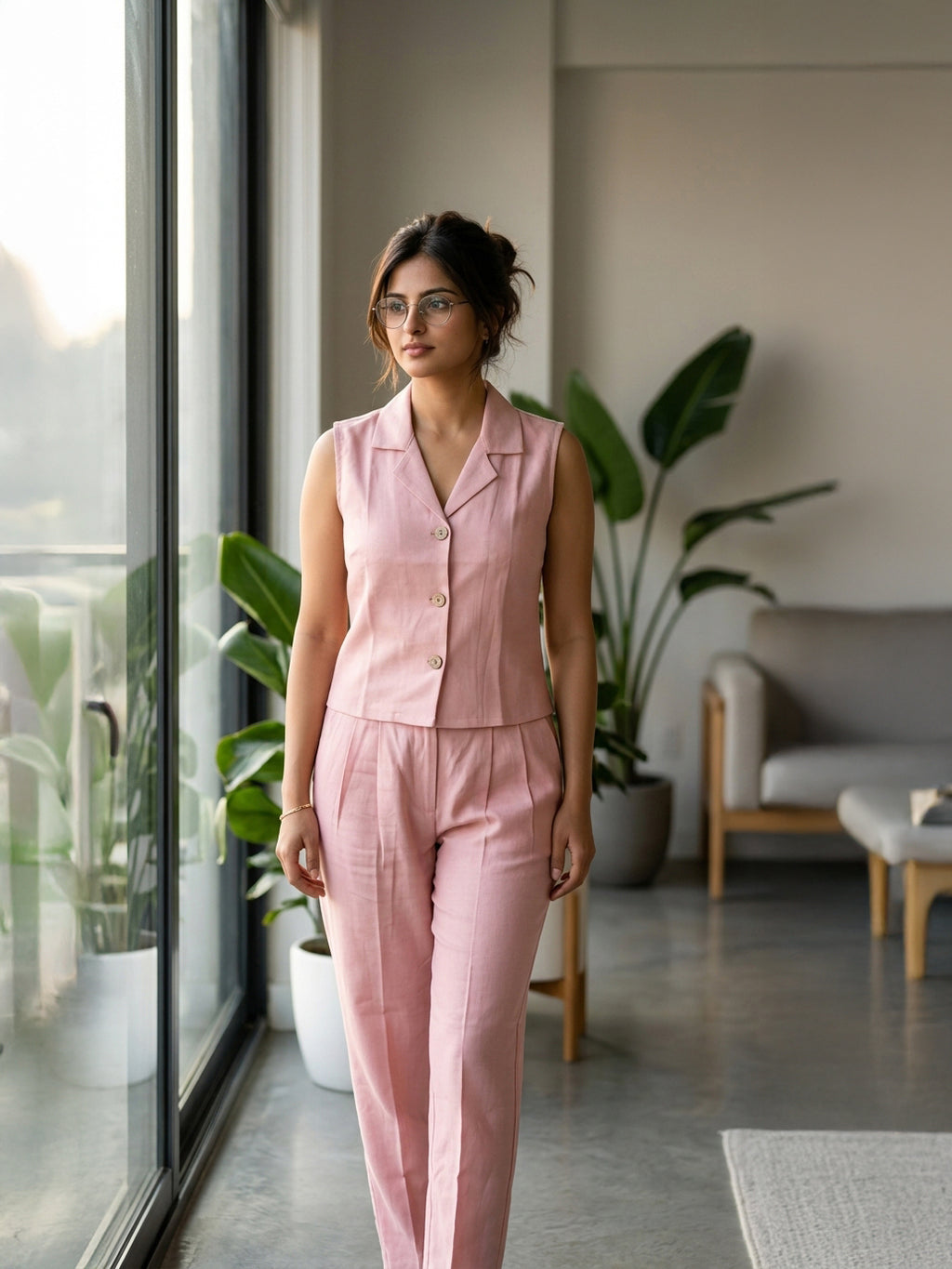 Manitra Blush Pink Linen Waistcoat Co-Ord Set | Straight Trouser | Office Wear