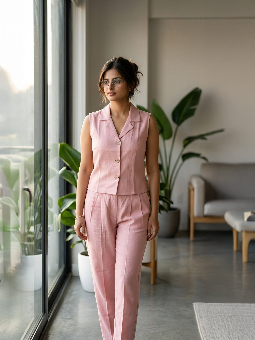 Manitra Blush Pink Linen Waistcoat Co-Ord Set | Straight Trouser | Office Wear