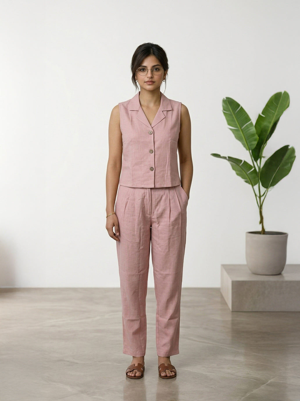 Manitra Blush Pink Linen Waistcoat Co-Ord Set | Straight Trouser | Office Wear
