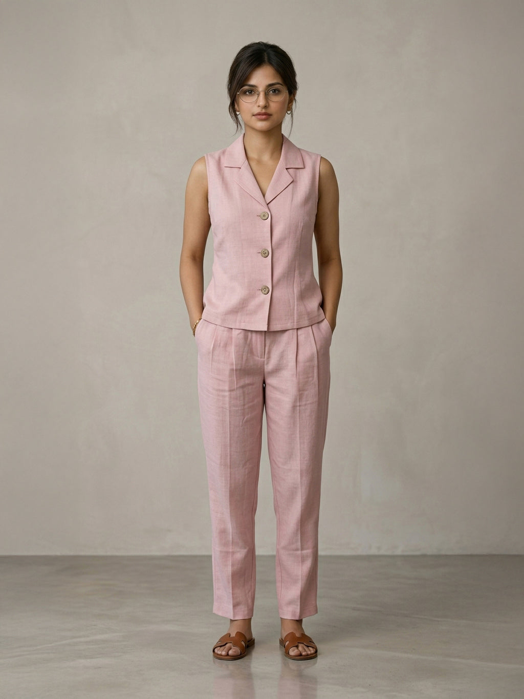 Manitra Blush Pink Linen Waistcoat Co-Ord Set | Straight Trouser | Office Wear