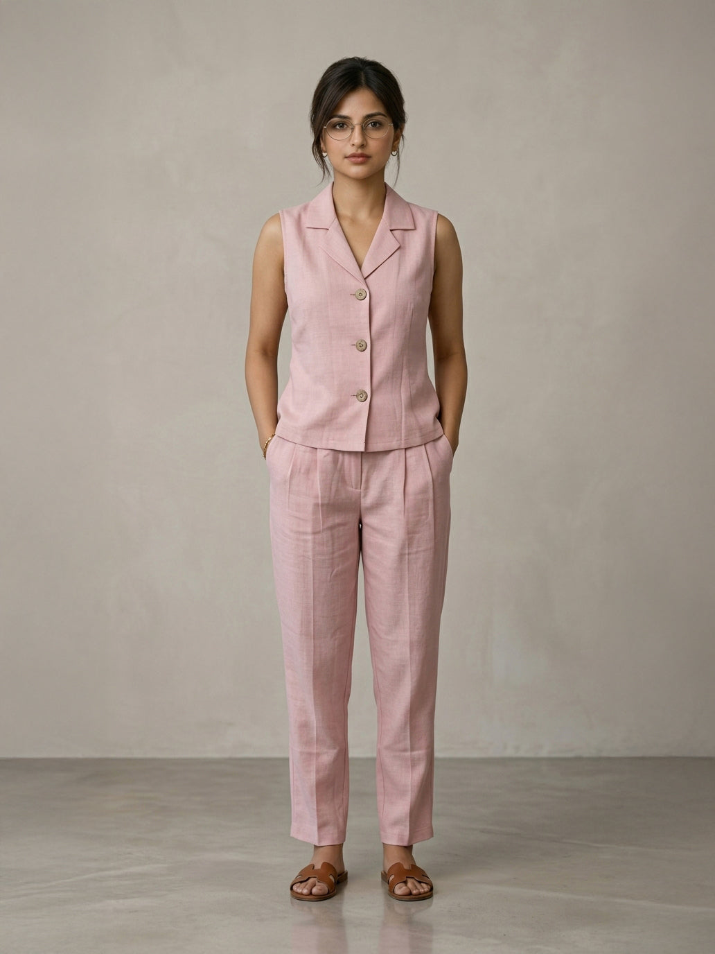 Manitra Blush Pink Linen Waistcoat Co-Ord Set | Straight Trouser | Office Wear