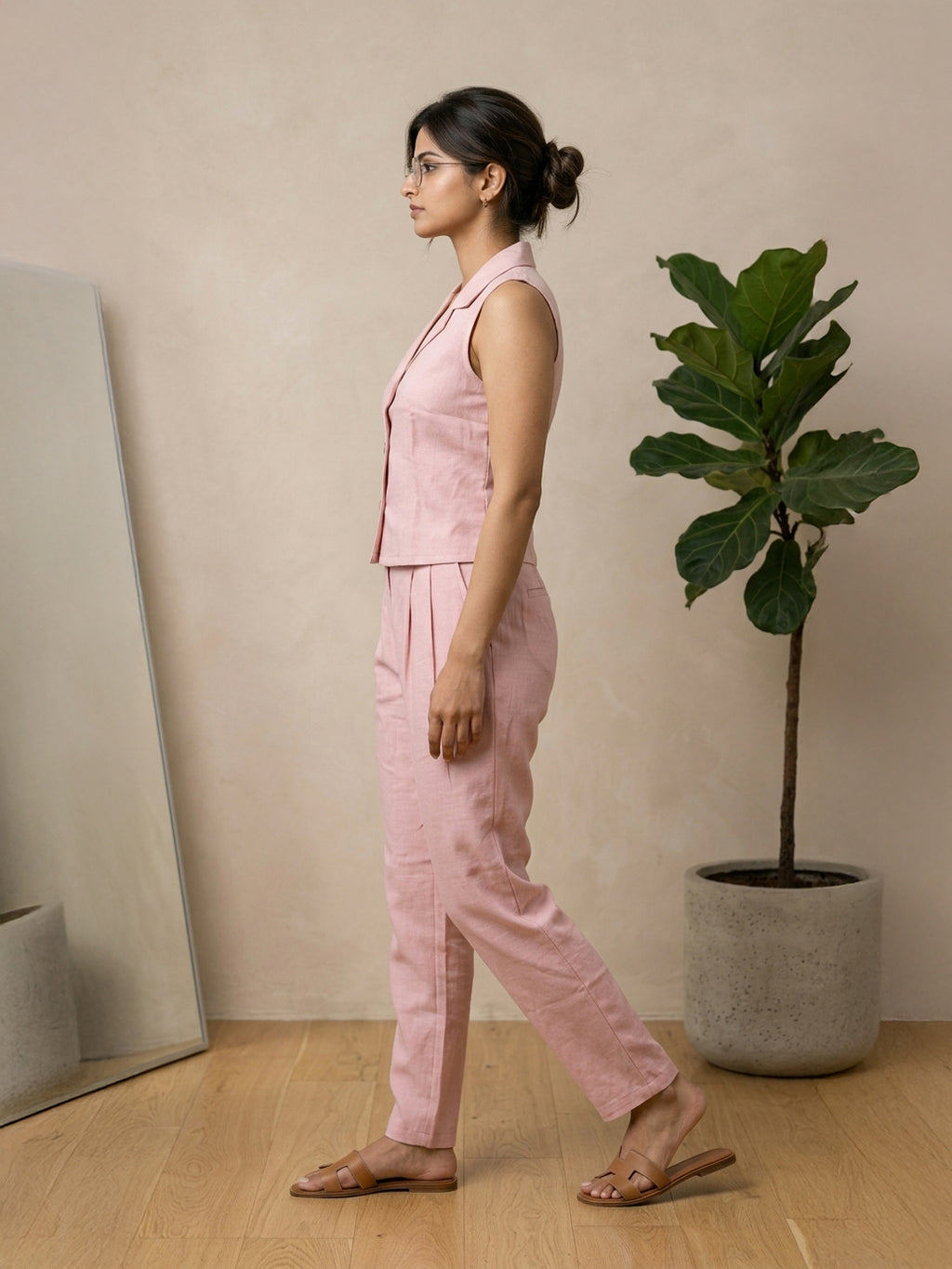 Manitra Blush Pink Linen Waistcoat Co-Ord Set | Straight Trouser | Office Wear