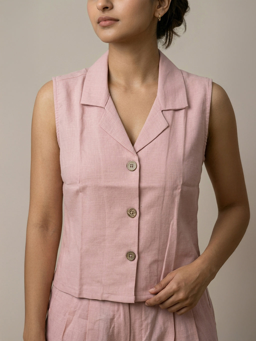 Manitra Blush Pink Linen Waistcoat Co-Ord Set | Straight Trouser | Office Wear