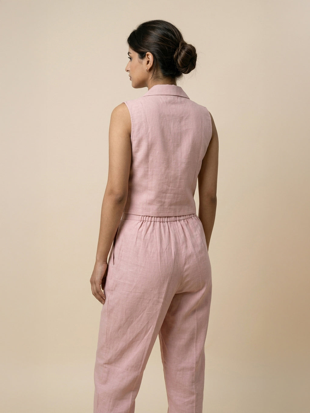 Manitra Blush Pink Linen Waistcoat Co-Ord Set | Straight Trouser | Office Wear