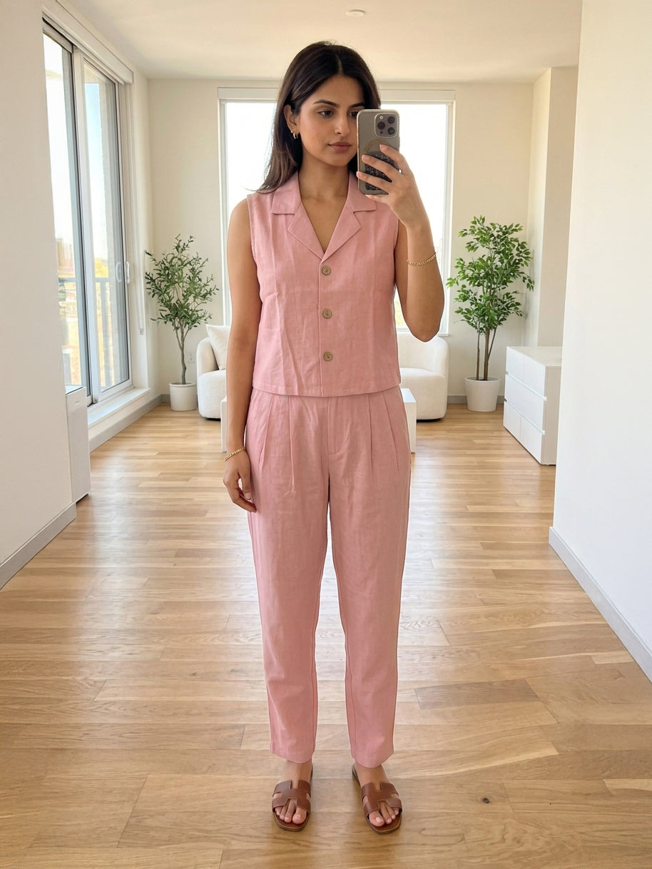 Manitra Blush Pink Linen Waistcoat Co-Ord Set | Straight Trouser | Office Wear