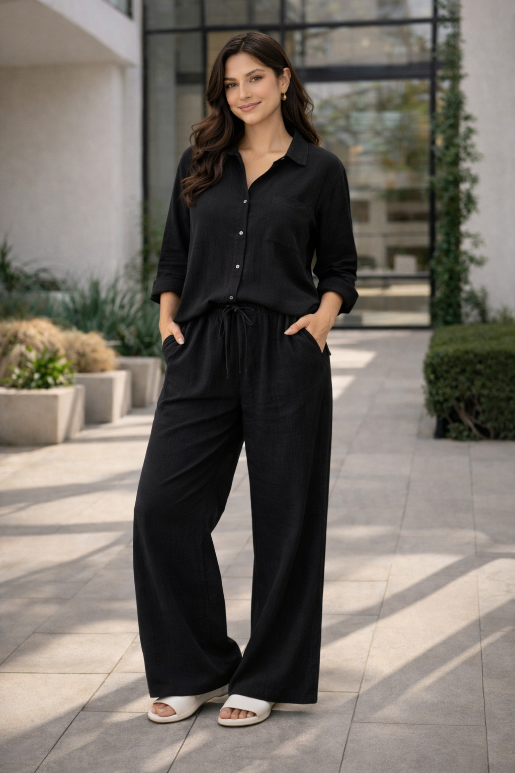 Black Solid Cotton Rayon Crepe Co-Ord Set | Shirt & Pant Set | Casual & Office Wear