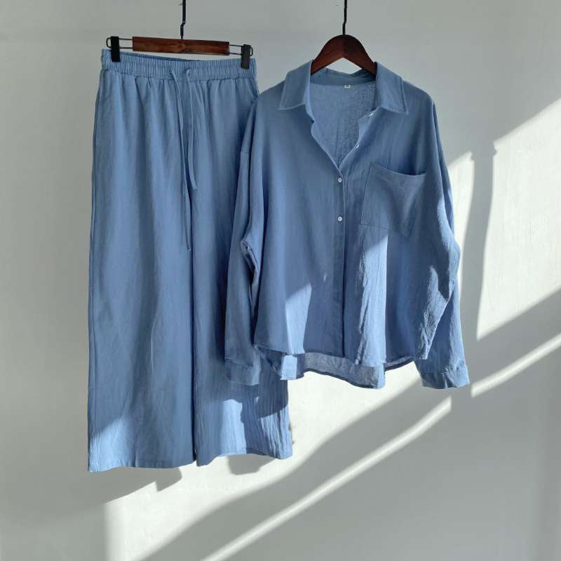 Blue Solid Cotton Rayon Crepe Co-Ord Set | Shirt & Pant Set | Casual & Office Wear