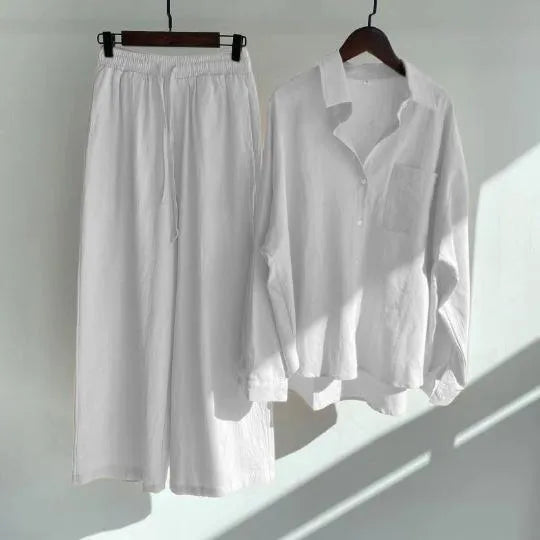 White Solid Cotton Rayon Crepe Co-Ord Set | Shirt & Pant Set | Casual & Office Wear