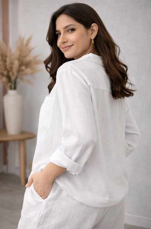 White Solid Cotton Rayon Crepe Co-Ord Set | Shirt & Pant Set | Casual & Office Wear