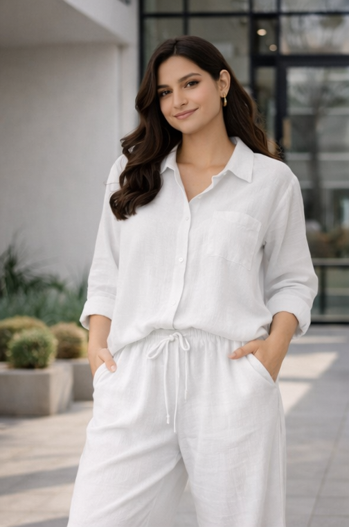 White Solid Cotton Rayon Crepe Co-Ord Set | Shirt & Pant Set | Casual & Office Wear