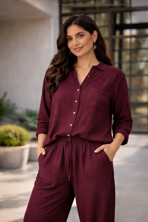 Wine Solid Cotton Rayon Crepe Co-Ord Set | Shirt & Pant Set | Casual & Office Wear