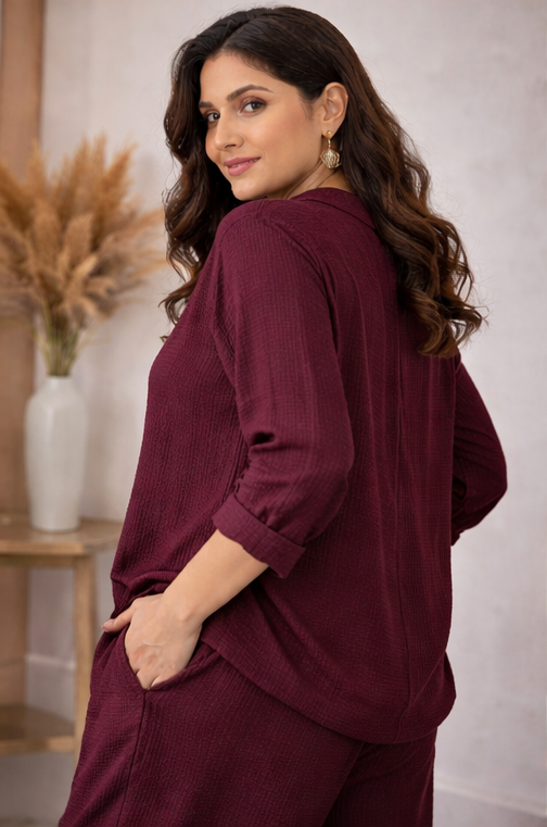 Wine Solid Cotton Rayon Crepe Co-Ord Set | Shirt & Pant Set | Casual & Office Wear