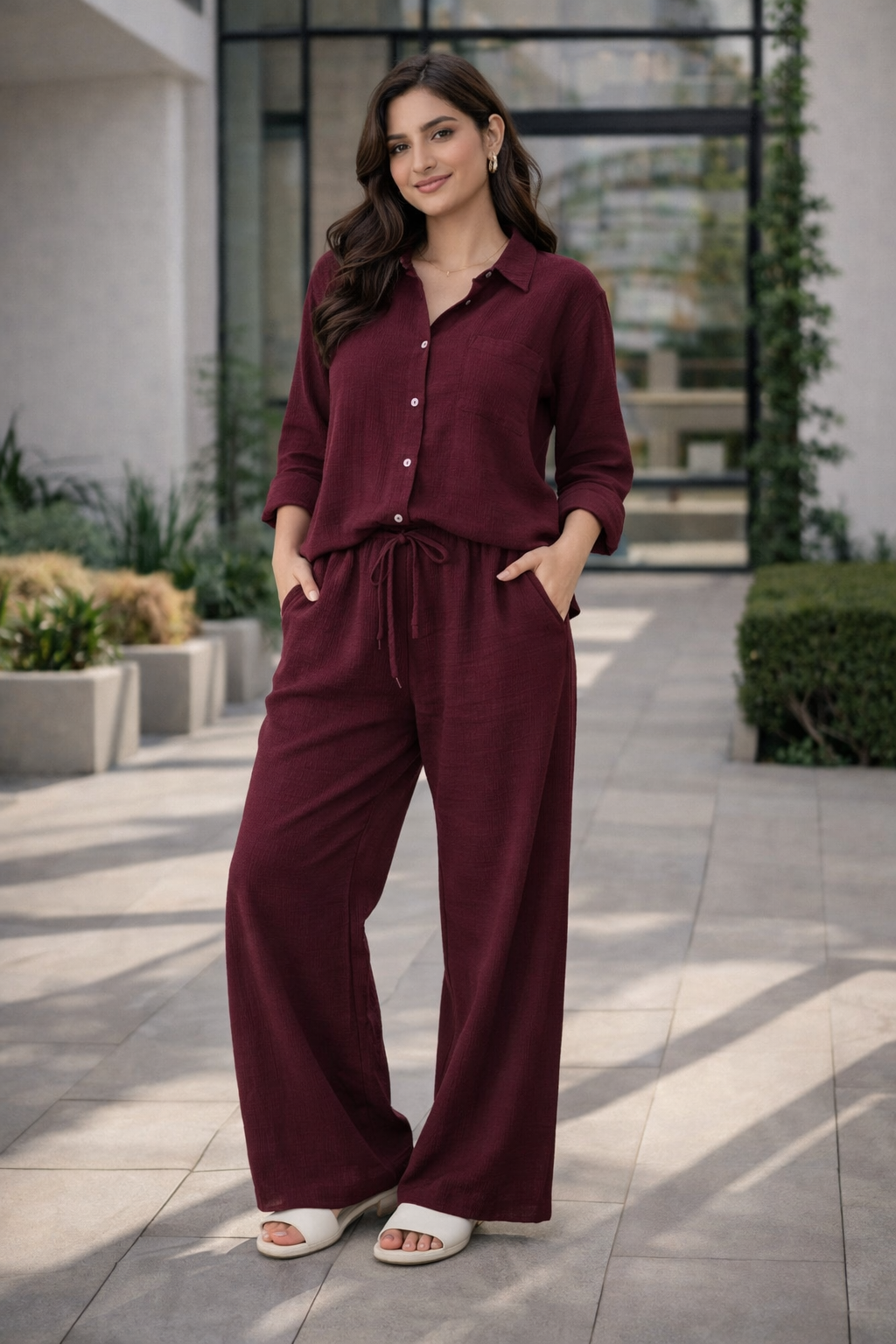 Wine Solid Cotton Rayon Crepe Co-Ord Set | Shirt & Pant Set | Casual & Office Wear