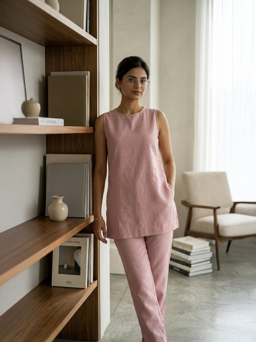 Manitra Blush Pink Linen Tunic Co-Ord Set | Keyhole Back | Office & Brunch Wear