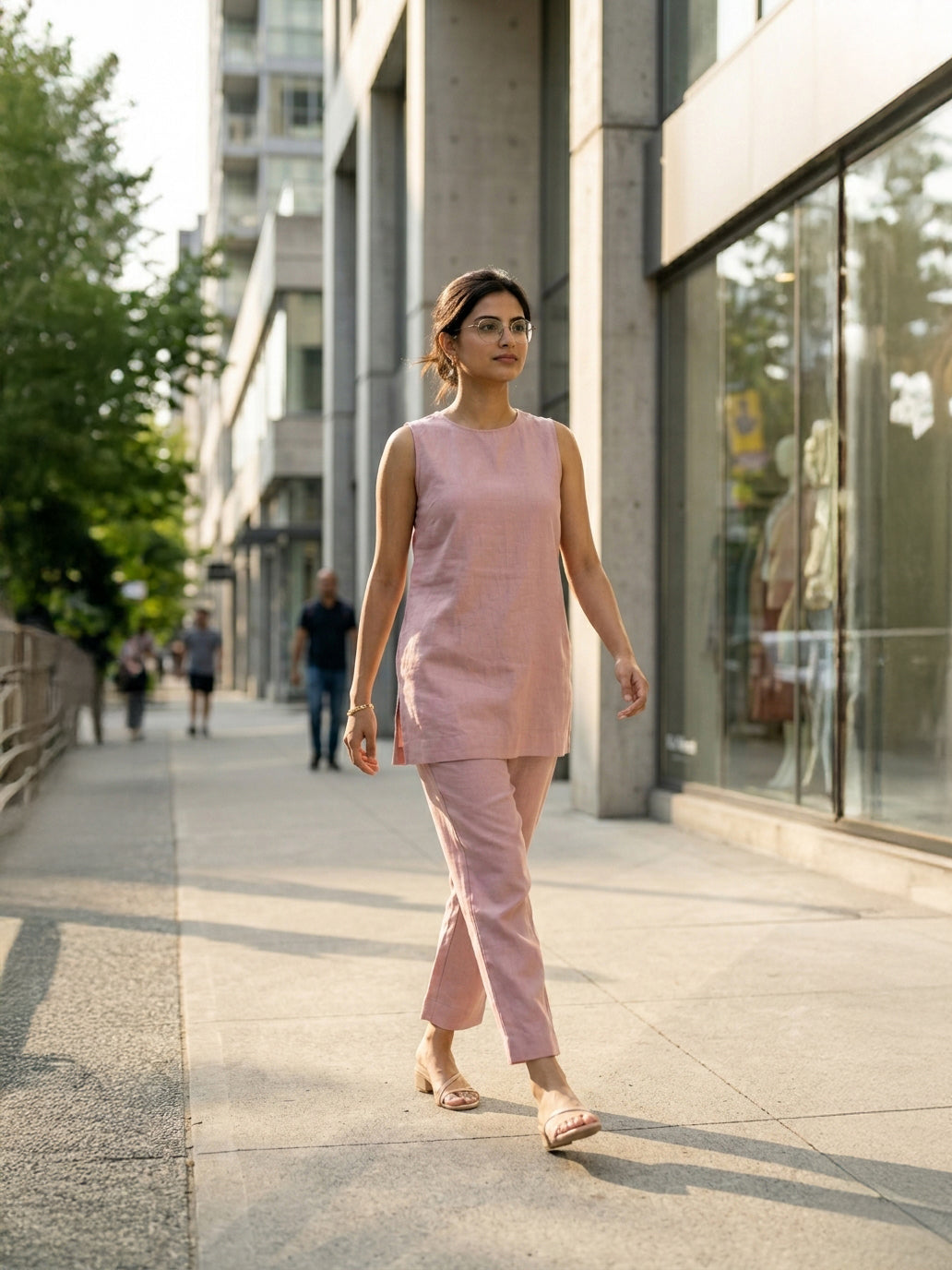 Manitra Blush Pink Linen Tunic Co-Ord Set | Keyhole Back | Office & Brunch Wear