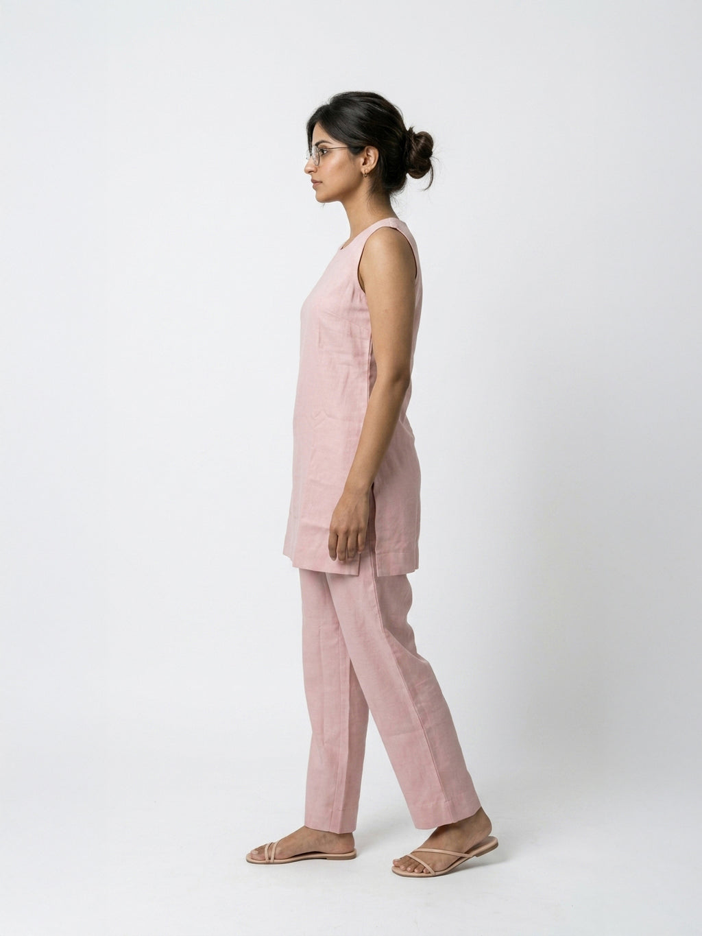 Manitra Blush Pink Linen Tunic Co-Ord Set | Keyhole Back | Office & Brunch Wear
