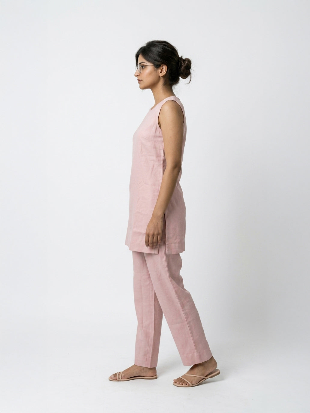 Manitra Blush Pink Linen Tunic Co-Ord Set | Keyhole Back | Office & Brunch Wear