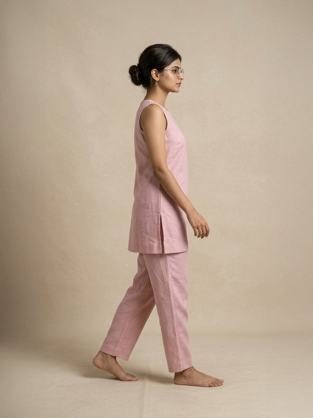 Manitra Blush Pink Linen Tunic Co-Ord Set | Keyhole Back | Office & Brunch Wear