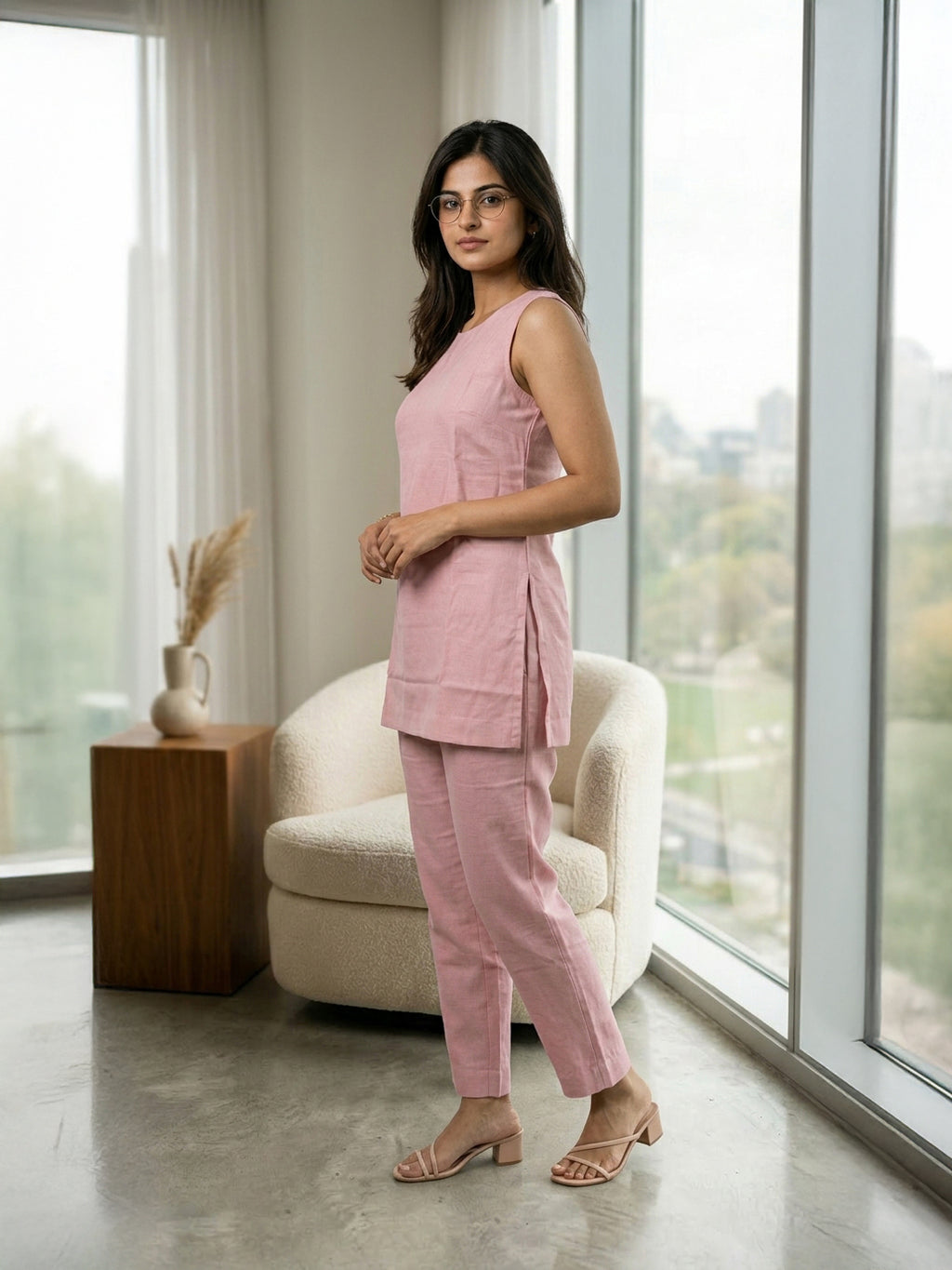 Manitra Blush Pink Linen Tunic Co-Ord Set | Keyhole Back | Office & Brunch Wear