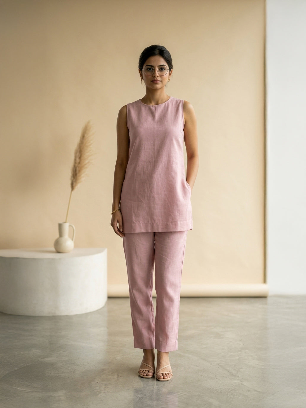 Manitra Blush Pink Linen Tunic Co-Ord Set | Keyhole Back | Office & Brunch Wear