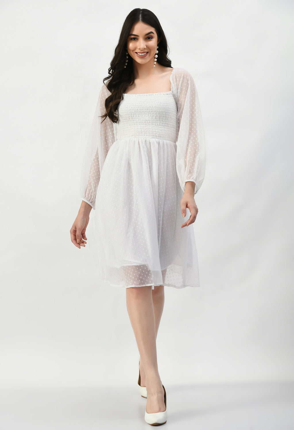Knee Length CUNSAYI BUTA Dress, Casual WEAR, Fancy Gorgeous Looking Dress (White)