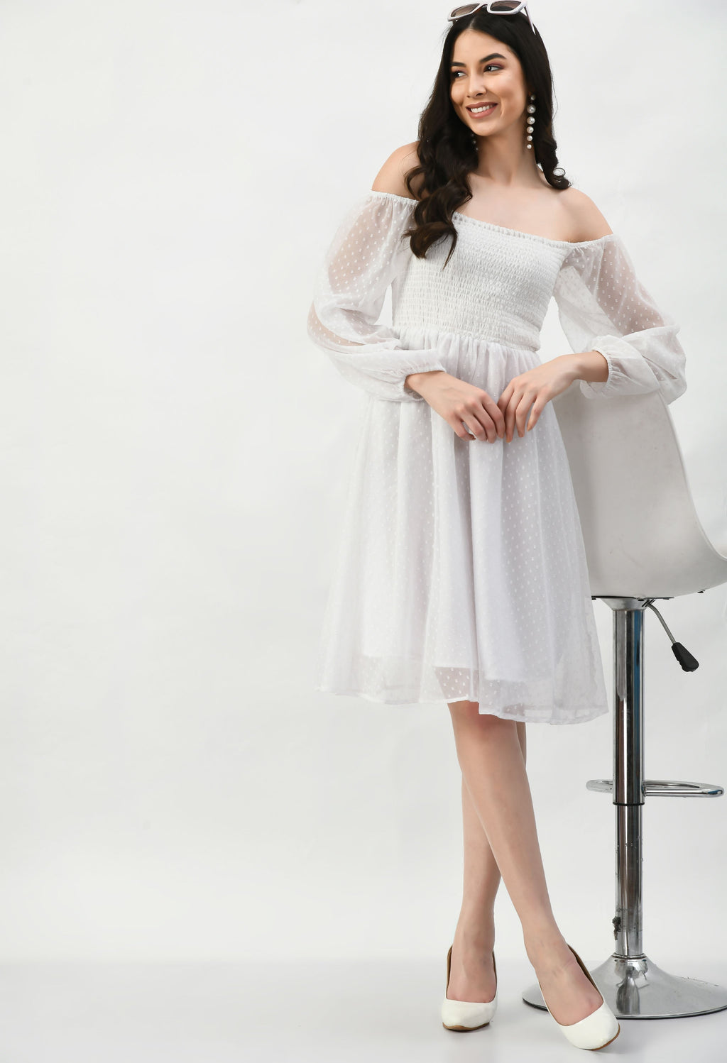 Knee Length CUNSAYI BUTA Dress, Casual WEAR, Fancy Gorgeous Looking Dress (White)