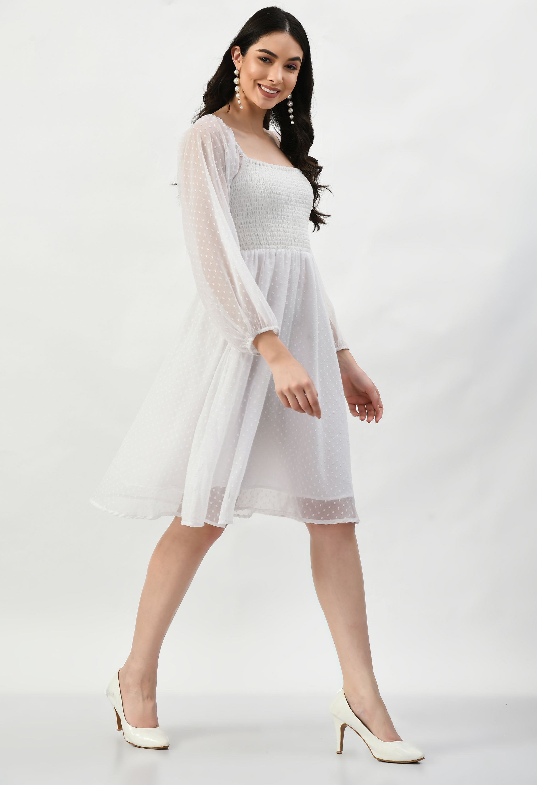 Knee Length CUNSAYI BUTA Dress, Casual WEAR, Fancy Gorgeous Looking Dress (White)